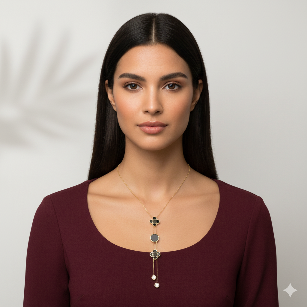 Black & Gold Lariat Necklace - Disc Drop Pendant