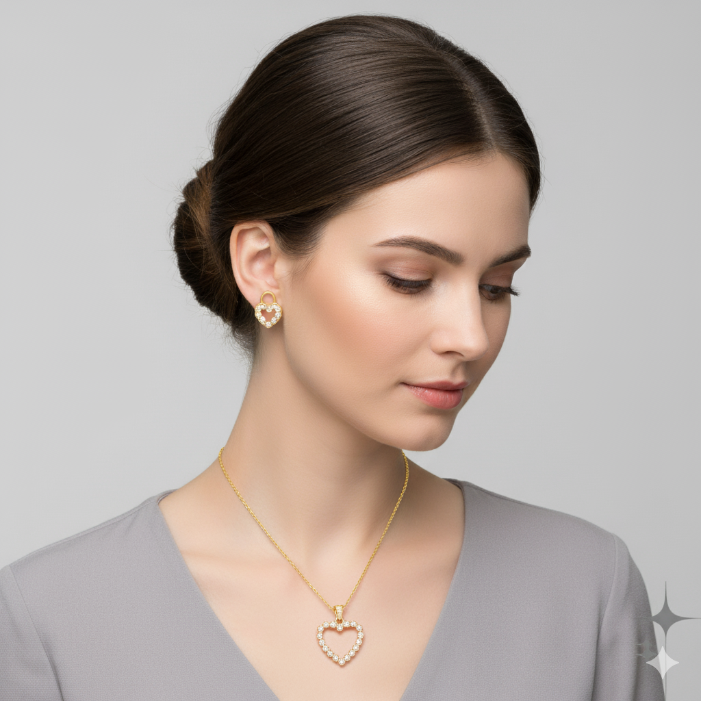 Open Heart Pendant Necklace with Stud Earrings