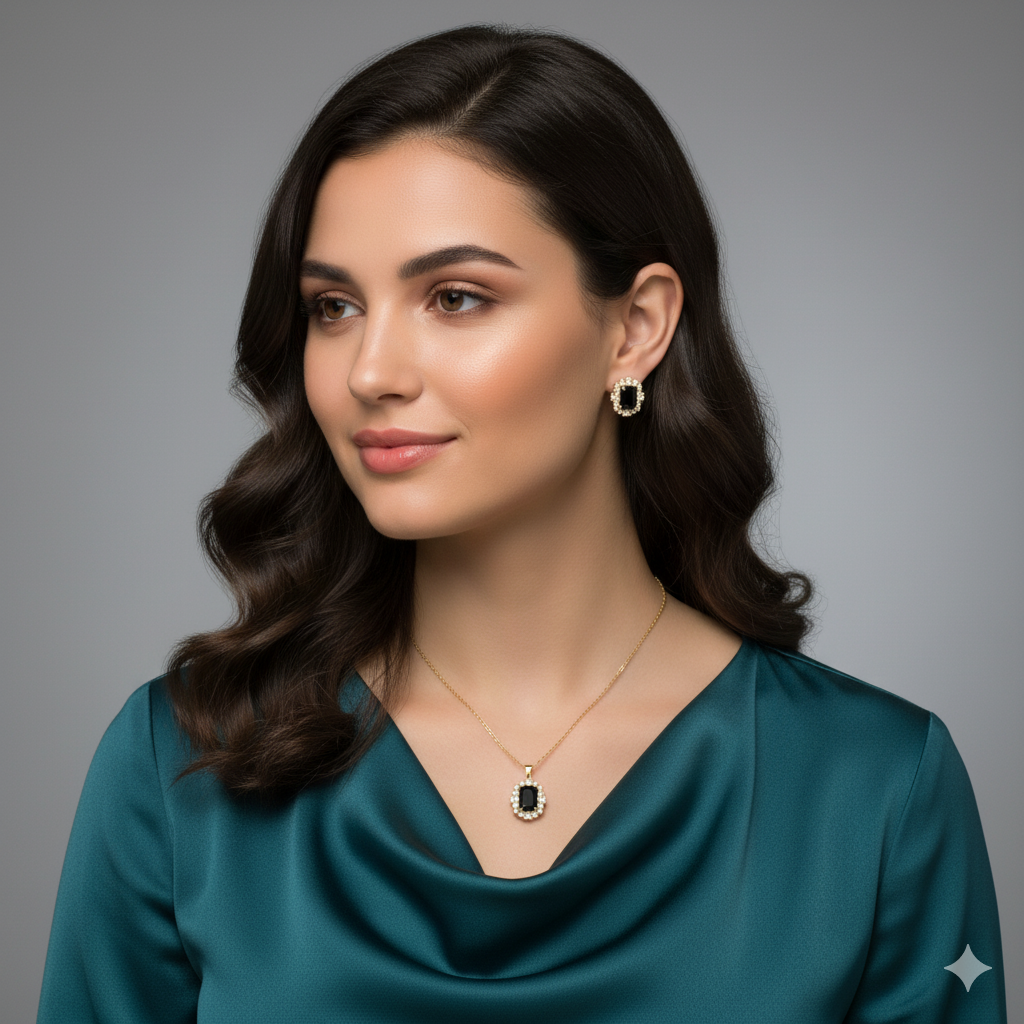 Regal Black Stone Pendant Necklace with Stud Earrings