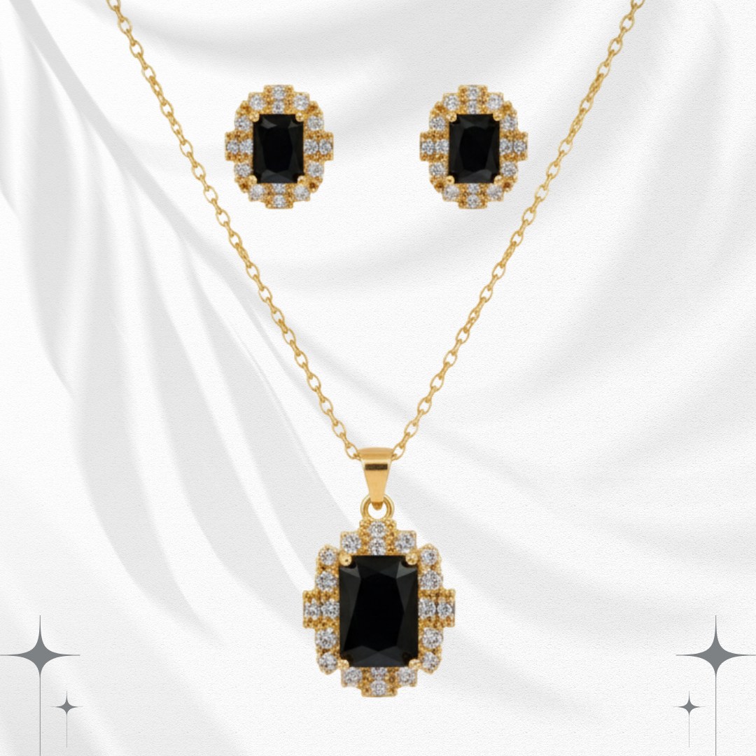 Regal Black Stone Pendant Necklace with Stud Earrings