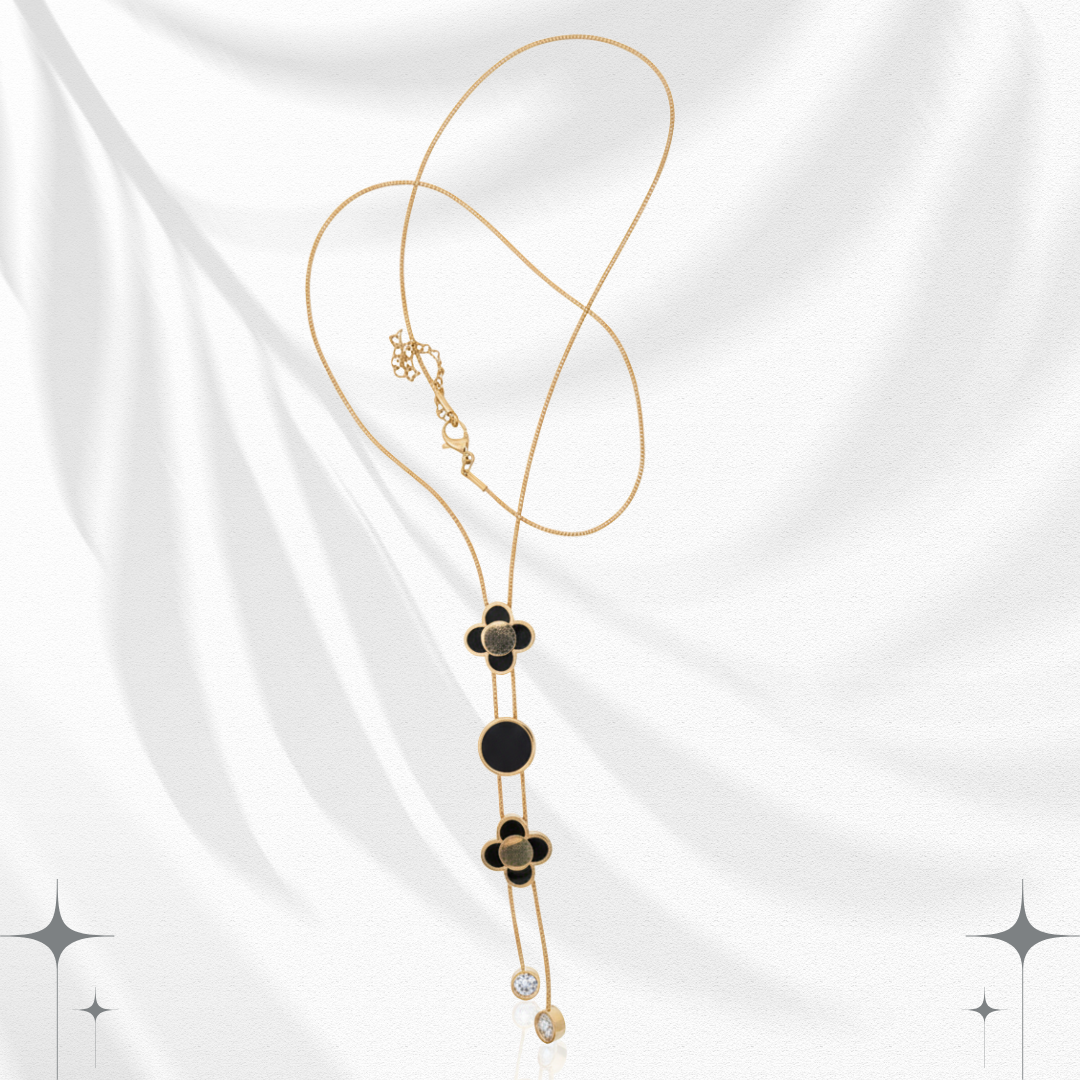 Black & Gold Lariat Necklace - Disc Drop Pendant